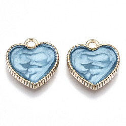 Bleu Ciel Charmes d'émail d'alliage, sans cadmium et sans plomb, cœur, or et de lumière, bleu ciel, 15x14.5x2mm, Trou: 1.6mm