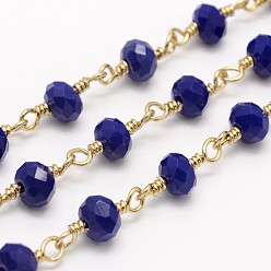 Dark Blue Faceted Rondelle Handmade Electroplate Glass Beaded Chains, Unwelded, with Spool, with Golden Plated Brass Findings, Dark Blue, 6x4mm, about 32.8 Feet(10m)/roll