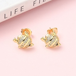 Золотой Серьги-гвоздики из латуни с микропаве из прозрачных кубических цирконий в форме рыб, стойки покрытие, без кадмия и без свинца, золотые, 10.5x12 мм