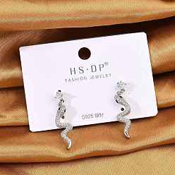 Платина Серьги-гвоздики из латунного микро-паве, с s 925 штырями стерлингового серебра, змея, платина, 28.5x7 мм