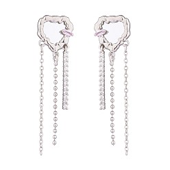Platinum Crystal Rhinestone Heart with Tassel Dangle Stud Earrings, Brass Drop Earrings for Women, Platinum, 48x12.6mm, Pin: 0.9mm