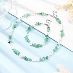 Зеленый Авантюрин Браслеты и ожерелья из натуральных зеленых бусин с авантюрином, с круглым перлы раковины, браслеты: 193 mm