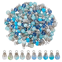 Синий 100 шт. Стеклянные подвески, круглые, с платиновыми железными колпачками бусин и петлей с плоскими головками, синие, 16x8.5 мм, отверстие : 2.5 мм