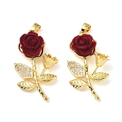 Темно-Красный Латунный микропаве прозрачный кубический цирконий с подвесками из смолы, без кадмия и без свинца, роза, реальный 18 k позолоченный, темно-красный, 31x17x9 мм, отверстие : 5x2.5 мм