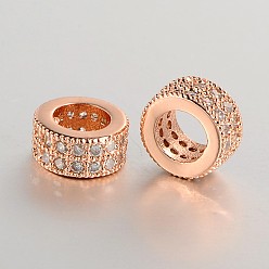 Розовое Золото Латунные микро проложить кубического циркония европейский большое отверстие в кольце бусы, розовое золото , 7.5~8x4 мм, отверстие : 5 мм