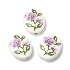 Purple Hand Painted Oval Porcelain Beads, Flower Pattern Ceramic Beads , Purple, 21.5x17x7.5mm, Hole: 2.4mm