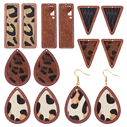 Mixed Color 12Pcs 6 Style Eco-Friendly Cowhide Leather Big Pendants, with Dyed Wood, Leopard Print with Teardrop, Rectangle, Triangle, Mixed Color, 36~56x19~32.5x3~4mm, Hole: 1.2~1.4mm, 2pcs/tyle