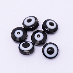 Black Flat Round Evil Eye Resin Beads, Black, 7.5~8x5~5.5mm, Hole: 1.6mm