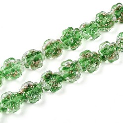 Зеленый лайм Светящиеся стеклянные бусины ручной работы из золотой фольги, клевер, светится в темноте, зеленый лайм, 9~10.5x10~11x4.5~6 мм, отверстие : 1~1.2 мм, около 50 шт / нитка, 19.29 дюйм (49 см)