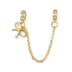 Bowknot Латунные паве прозрачные кубические цирконии европейские защитные цепи с подвесками, долговечный, стойки покрытие, золотые, бантом, 80 мм, отверстие : 5x3 мм, бант : 9.5x12x2 мм