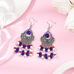 Синий Серьги-люстры из сплава стеклянных бусин в форме слезы, с  латунными крючками для серег, античное серебро, синие, 78~79x31~32 мм