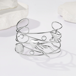 Нержавеющая Сталь Цвет Браслеты-манжеты из нержавеющей стали для женщин, морская звезда и форма ракушки и медуза, с имитацией жемчуга, цвет нержавеющей стали, внутренний диаметр: 2-1/2 дюйм (6.3 см)