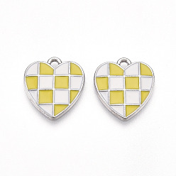 Yellow Green Alloy Enamel Pendants, Platinum, Heart with Tartan Pattern, Yellow Green, 17.5x16x2mm, Hole: 1.6mm