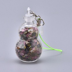 Tourmaline Transparent Glass Wishing Bottle Pendant Decoration, with Natural Tourmaline Chips inside, Plastic Plug, Nylon Cord and Iron Findings, Gourd, 111~130mm