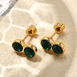 Папоротник Зеленый Ионное покрытие (ip) 304 серьги-гвоздики из нержавеющей стали, со стразами, реальный 14 k позолоченный, двойной плоский круглый, Папоротник зеленый, 10x5 мм