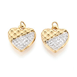 Кристалл 304 подвески из нержавеющей стали и полимерной глины с кристаллами и стразами, сердце прелести, с целью перехода в кольце, ионное покрытие (ip), реальный 18 k позолоченный, кристалл, 14x13x3 мм, отверстие : 2.8 мм