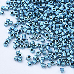 Steel Blue Glass Cylinder Beads, Seed Beads, Metallic Colours, Round Hole, Steel Blue, 1.5~2x1~2mm, Hole: 0.8mm, about 8000pcs/bag, about 85~95g/bag