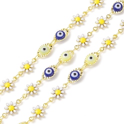 Blue Brass Enamel Flower & Horse Eye Link Chains, with Glass Beaded, Soldered, with Spools, Real 18K Gold Plated, Cadmium Free & Lead Free, Blue, 10x6x4mm, 12x7x2mm