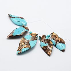 Turquoise Assembled Bronzite and Synthetic Turquoise Pendants, Leaf, Turquoise, 38~52x18~25x5~8mm, Hole: 1.5mm