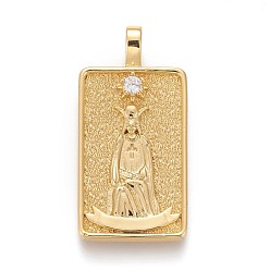 Настоящее золото 18K Латунные микропаве прозрачные подвески с фианитом, реальный 18 k позолоченный, талисманы карт таро, верховная жрица, верховная жрица ii, 30x15x4 мм, отверстие : 3~4 мм