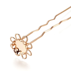 Light Gold Iron Hair Fork Findings, Flower Pins, with Brass Tray Settings, Light Gold, Tray: 10mm, 76x17mm