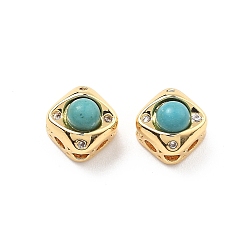 Настоящее золото 18K Латунные многорядные звенья с ромбом цвета синтетической бирюзы, с четким кубического циркония, реальный 18 k позолоченный, 6x6x5.5 мм, отверстие : 1 мм