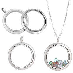 Stainless Steel Color 4Pcs Stainless Steel Locket Pendants, Flat Round Double Sides with Glass Charms, DIY Accessories for Jewelry Pendant Making, Stainless Steel Color, 30.5x24.5x6mm, Hole: 4mm, Inner Diameter: 18mm