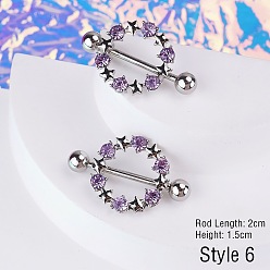 Ring 316l хирургическая нержавеющая сталь паве сиреневый кубический цирконий соска стремя, цвет нержавеющей стали, кольцо, Длина стержня: 20мм, штифты : 1.6 мм