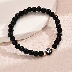 Letter W Браслеты из литой смолы с круглыми бусинами, плоские круглые с буквы, чёрные, золотые, Буква W, 7-1/8 дюйм (18 см)