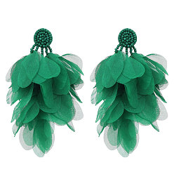 Зеленый Овальные серьги-гвоздики с кисточками из ткани, со стеклянным бисером, зелёные, 105x55 мм