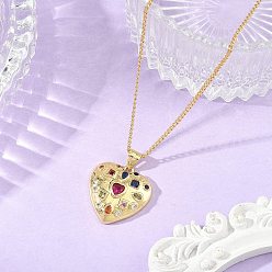 Colorful Brass Pave Pink Cubic Zirconia Heart Pendant Brass Curb Chain Necklace for Women, Golden, Colorful, 17.32 inch(44cm)