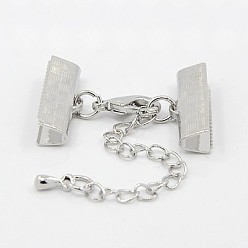 Platinum Brass Ribbon Ends with Lobster Claw Clasps and Chains, Platinum, 29mm, Ribbon end: 7x20mm
