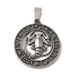 Рак 304 подвески из нержавеющей стали, плоский круглый шарм с двенадцатью созвездиями, античное серебро, рак, 28x25x2 мм, отверстие : 7x5 мм