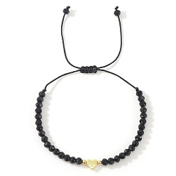 Черный Браслеты из плетеных бусин из стекла и латуни, плетеные браслеты из полиэфирного шнура для женщин, сердце, чёрные, внутренний диаметр: 11 дюйм (28 см)