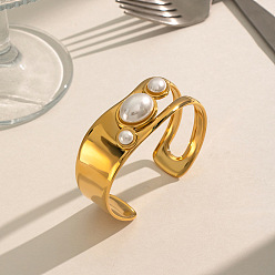 White Imitation Pearl Oval 304 Stainless Steel Hollow Open Cuff Bangles for Women, White, Inner Diameter: 2.36 inch(6cm)