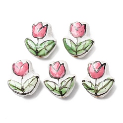 Бледно-Розовый Фарфоровые эмалевые бусины ручной работы, цветок тюльпана, розовый жемчуг, 16x14x7 мм, отверстие : 2 мм