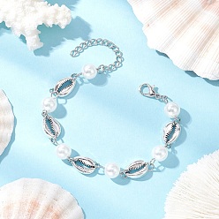 Античный Серебристый & Платиновый Браслеты из сплава серии Ocean Conch Link, АБС-пластик имитация жемчуга круглые бусины браслеты для женщин, старинное серебро и платина, 6-7/8 дюйм (17.5 см)