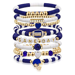 Темно-Синий 7Набор браслетов из полимерной глины Heishi и пластиковых бусин CCB в стиле регби, украшения из сплава с подвесками для женщин, золотые, темно-синий, внутренний диаметр: 2-3/8 дюйм (6 см)