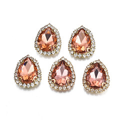 Dark Salmon Sew on Rhinestone, Transparent Glass Rhinestone, with Brass Prong Settings, Faceted, Teardrop, Dark Salmon, 23x17.5x6.5mm, Hole: 0.9mm