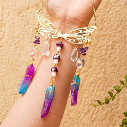 Аметист Металлические подвесные украшения в виде бабочек, Обернутые натуральные аметисты и грибы лэмпворк с кисточками в виде ловцов солнца для дома и улицы, 320 мм