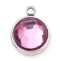 Свет Аметист 304 прелести нержавеющей стали, с акриловыми стразами, очарование камня, граненые, плоско-круглые, цвет нержавеющей стали, светлый аметист, 12x10x4.4 мм, отверстие : 1.3 мм