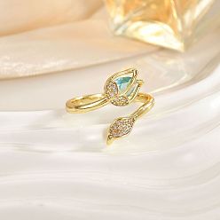 Небесно-голубой Открытые кольца манжеты из латуни с микропаве и кубическим цирконием, Цветок тюльпана, золотые, голубой, 15~20 мм