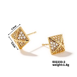 Golden Shiny Delicate Stud Earrings with Vintage Pyramid Design and Full Rhinestones, Golden, 9x9mm