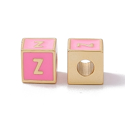 Letter Z Стойки покрытие латунь эмаль бисер, без кадмия, без никеля и без свинца, реальный 18 k позолоченный, куб с письмом, розовый жемчуг, letter.z, 6x6x6 мм, отверстие : 2.5 мм