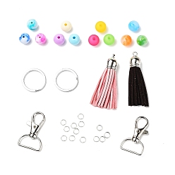 Platinum DIY Keychain Making Kits, 60Pcs Round Acrylic Beads, 14Pcs Iron Jump Rings, Split Key Rings and Zinc Alloy Swivel Clasps, 2Pcs Faux Suede Tassel Pendant Decorations, Platinum, Beads: 60pcs/set