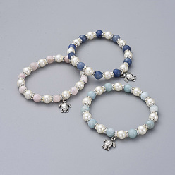 Смешанные камни Растянуть шарм браслеты, с природными драгоценный камень бисером, Стеклянные жемчужные бусины, подвески из цинкового сплава и латунные бусины со стразами, Морская черепаха, 2-1/8 дюйм (5.3 см)