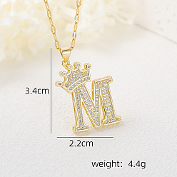 Letter M Хип-хоп латунные микропаве кубические цирконии корона инициал подвеска ожерелья, 304 ожерелья из нержавеющей стали с цепочкой для женщин, золотые, Буква М, 15.75 дюйм (40 см)