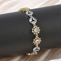 Платиновый & Золотой Латунные браслеты-цепочки с микропаве из прозрачных кубических цирконий для женщин, снежинка и плоская круглая, долговечный, стойки покрытие, без кадмия и без свинца, платиной и золотом, 7.28 дюйм (18.5 см)