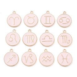 Pink Подвески из эмали и сплава, плоский круг с двенадцатью созвездиями, золотой свет, розовые, 22x18x2 мм, Отверстие: 1.5 мм, о 12 шт / комплект
