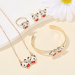 Красный Комплекты из серег-гвоздиков и подвесок из сплава панда, эмали и стразов, браслетов-манжет и колец для женщин, красные, Ожерелья: 450 mm